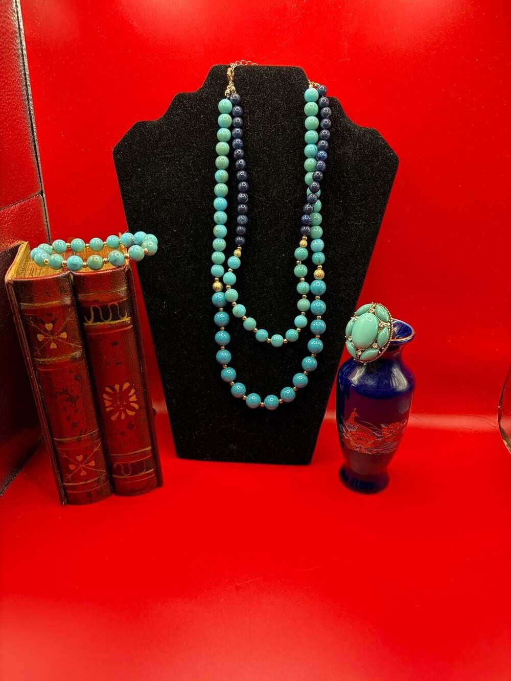 Vintage Faux Turquoise Bead Ring Gold Tone Statement Jewelry